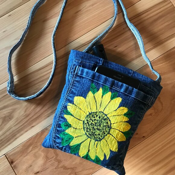 Denim Crossbody Bag: Sunflower Theme Handmade Jean Purse, Cell Phone Holder - Picture 9 of 11